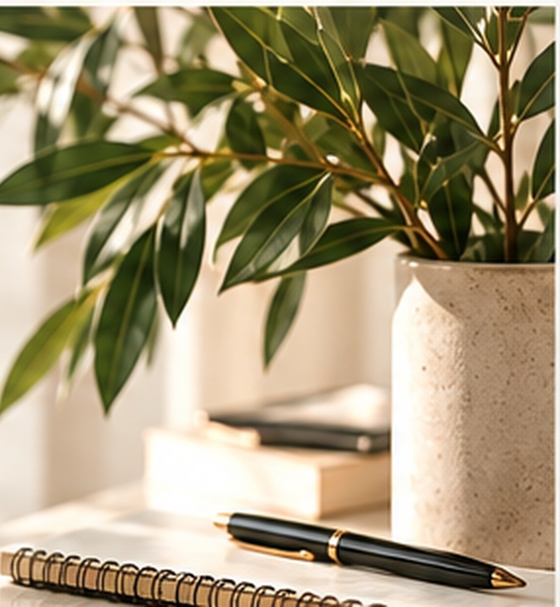 Warm office detail with leafy plant and books